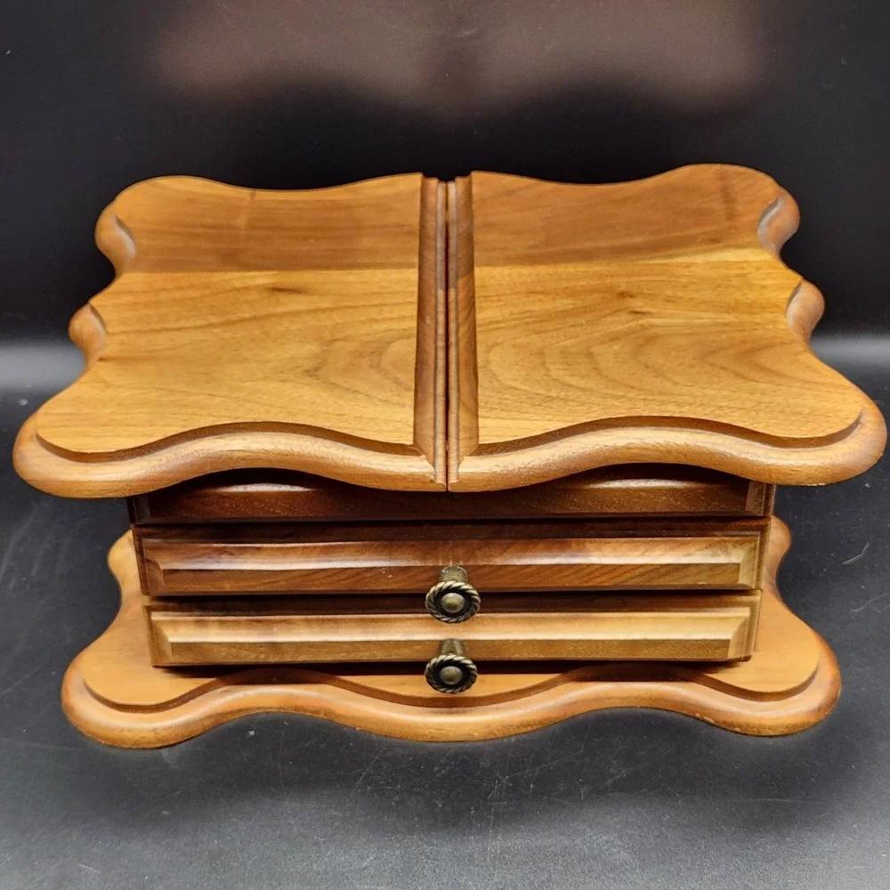 Vintage Wooden Jewelry Box Organizer Red Velvet Lined Drawers Storage